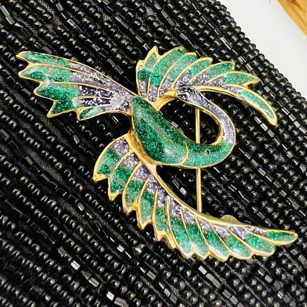 Vintage Giovanni Bird Phoenix Stork Brooch Gold Green Enamel Flight 1135